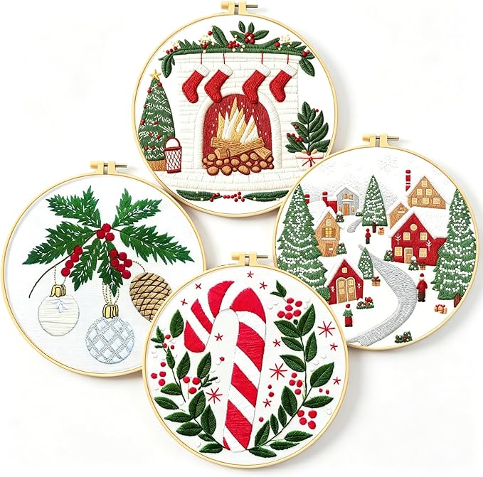 Zhenqing Christmas Embroidery Kit for Beginners - 4 Piece 29x29cm Round Designs with Embroidery Hoop, Threads & Tools (Snowy Cabin, Fireplace, Candy Cane, Holly)(C0066)