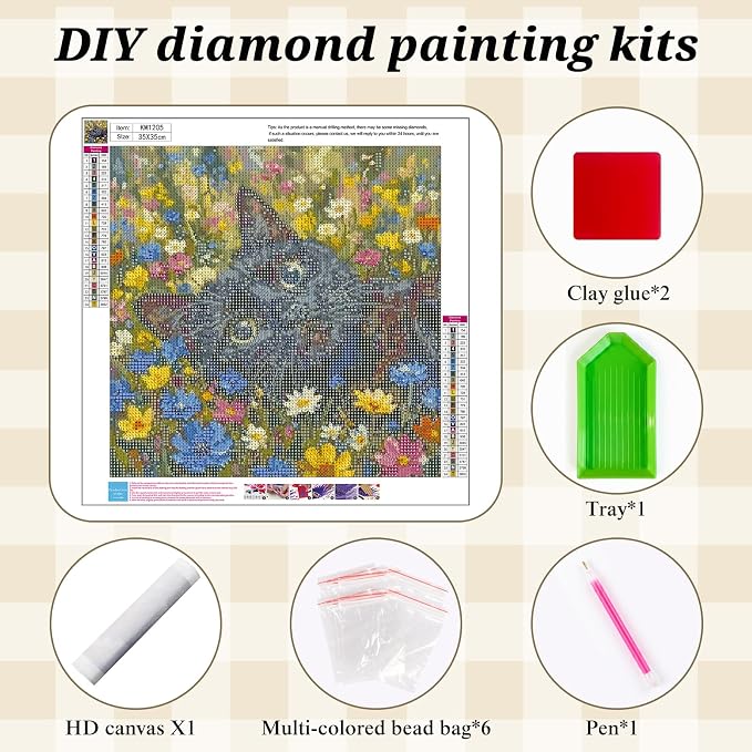 Diamond Painting Kit for Adults, Cat Flower Diamond Art Kits 13.7x13.7In | 5D Full Round Drill Gem Painting Paint by Diamonds Relaxing DIY Craft for Home Wall Decor