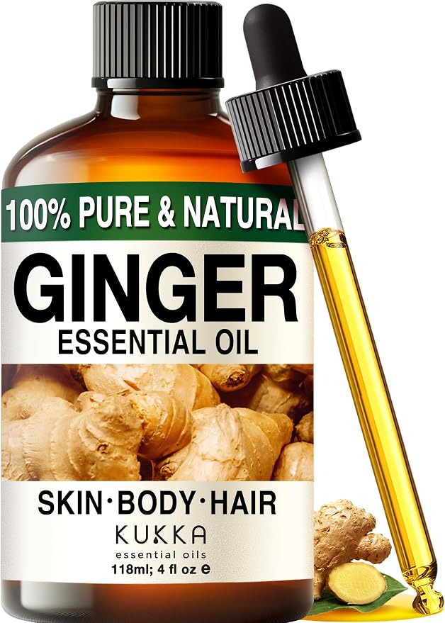 Kukka 100% Pure Ginger Essential Oil for Skin, Diffuser, 4 Fl Oz | Undiluted Ginger Oil for Scalp Care, Warming Massage Blends, Diffuser Aromatherapy & DIY Soap Making