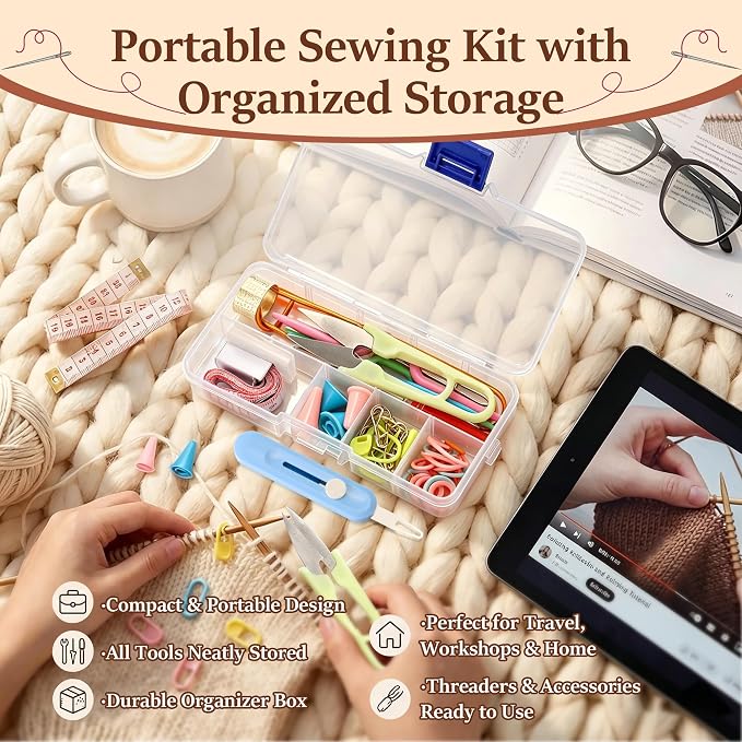 Gulfmew All in One Knitting Kit with Automatic Needle Threader, Sewing Accessories Set with Scissors, Stitch Markers & Portable Storage Case, Easy Threading Tool for Beginners, Crochet & DIY Crafts