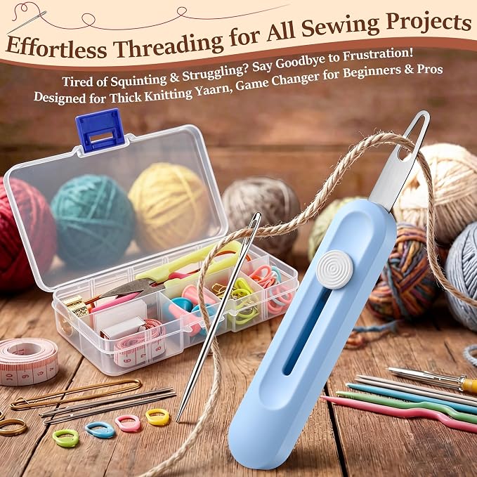 Gulfmew All in One Knitting Kit with Automatic Needle Threader, Sewing Accessories Set with Scissors, Stitch Markers & Portable Storage Case, Easy Threading Tool for Beginners, Crochet & DIY Crafts