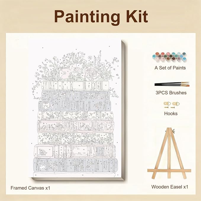Gemozaic Book Framed Paint by Numbers Kit for Adults with Easel, 8x12 in | Floral Books Paint by Number for Adults, Small DIY Acrylic Pink Numbers Painting on Framed Canvas for Home, Wall Decor, Gift