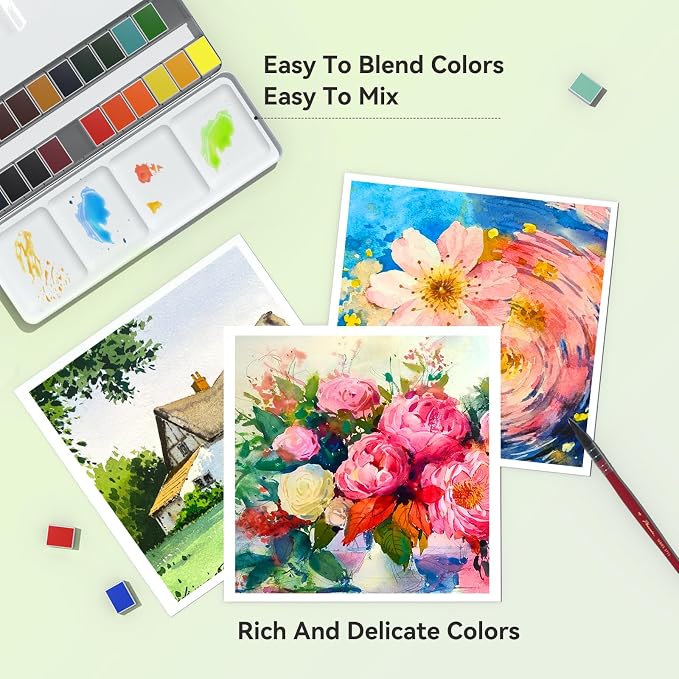 24 Colors Solid Watercolor Paint Set, Vibrant and Highly Pigmented Colors, Removable Pans and Built-in Palette, Portable Metal Case for Students, Beginners, and Outdoor Sketching