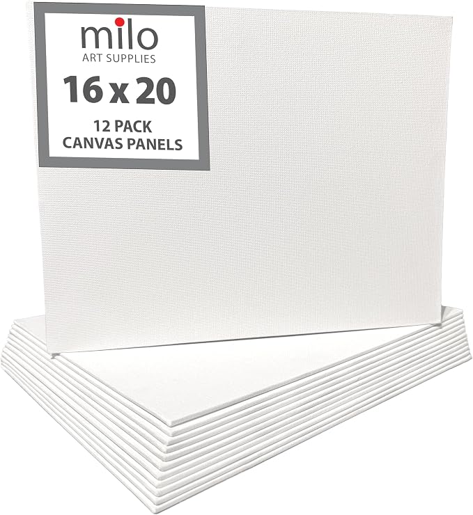 milo Canvas Flat Panel Boards for Painting, 16x20 inch, 12 Pack, White | Primed & Ready-to-Paint Art Supplies for Acrylic, Oil, Mixed Wet Media, & Pouring, Bulk, Painting Party Pack, Blank, Cotton