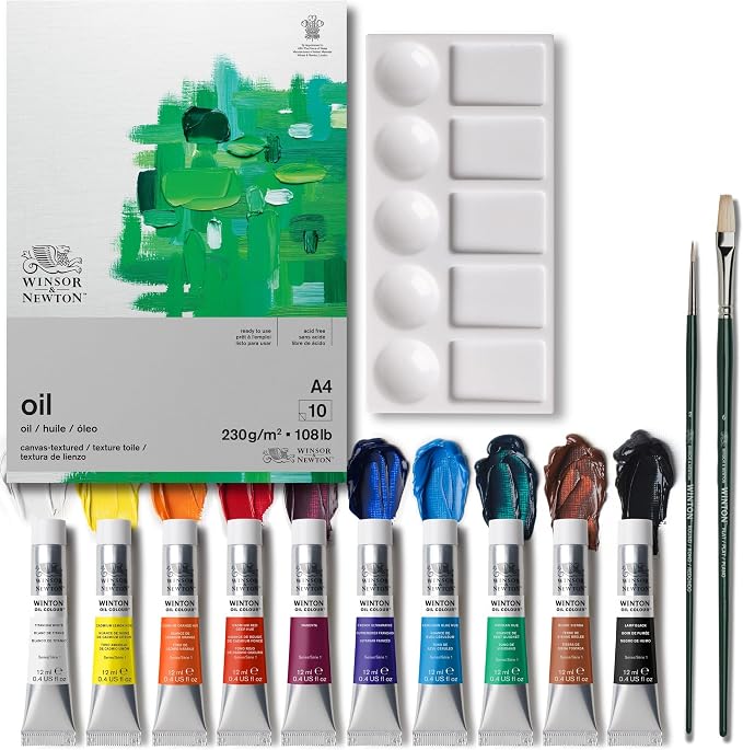 Winsor & Newton Winton Oil Colour Paint, Set of 10 x 12ml Tubes (includes 2 Brushes, Pad, Palette)