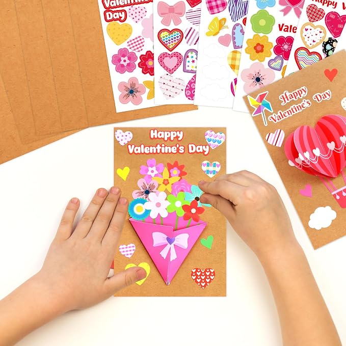 ceiba tree Valentine's Day Crafts for Kids Cards Making Kits 12 Pcs DIY 3D Hot Air Balloon Bouquet Greeting Card with Cutouts Sticker and Envelopes Bulk for Classroom Activities Party Favors