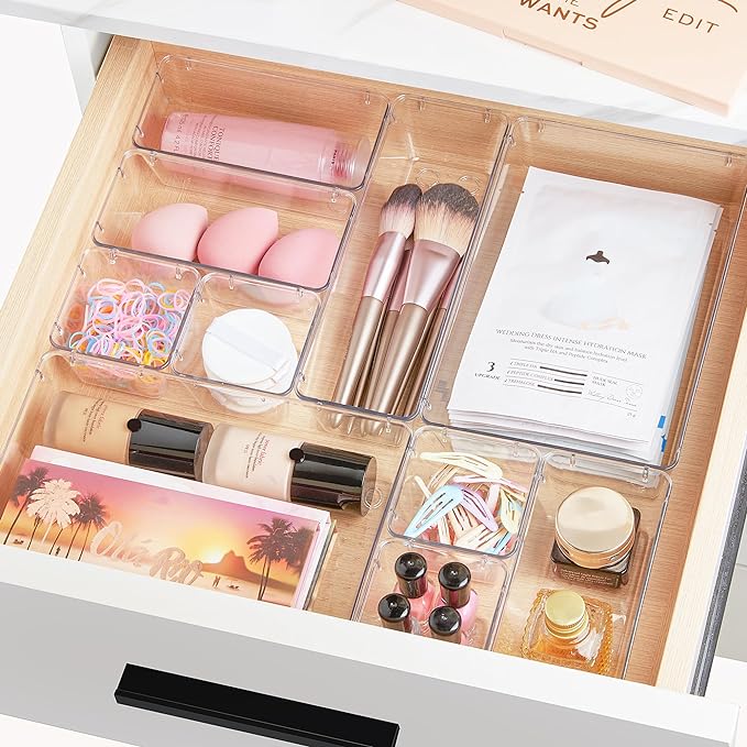 Vtopmart 72 PCS Clear Plastic Drawer Organizers Set, 4-Size Versatile Bathroom and Vanity Organizer Trays, Non-Slip Storage Containers for Makeup, Jewelries, Bedroom，Kitchen Utensils and Office | 4-Size Versatile Makeup Organizer, Non-Slip Storage Cont...