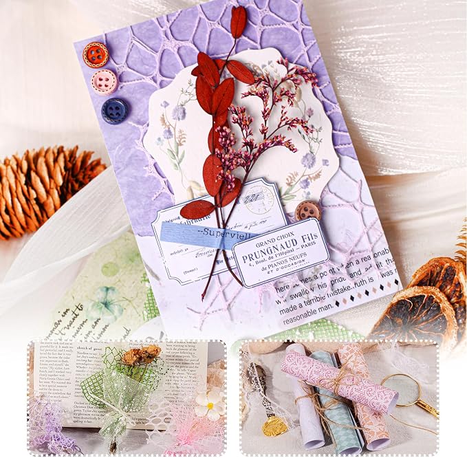 156 Sheets Textured Scrapbook Paper & Mesh Fabric Assorted Set, 30 Buttons