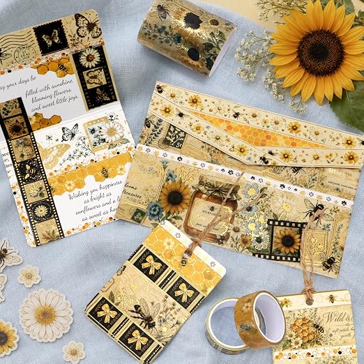 Bee Washi Tape Set 23 Rolls - 7 Sizes | Decorative Tape for Junk Journal Supplies, Scrapbook, Planner