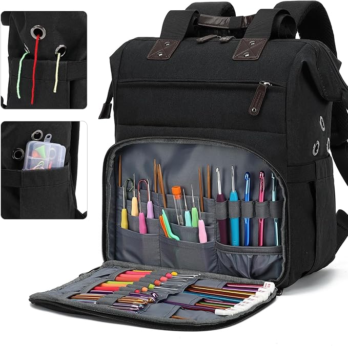 Knitting Bag Backpack Yarn Storage Organizer Travel Bag with USB Charging Port, Tote Bag Holder for Knitting Needles, Crochet Hooks, Accessories - Black