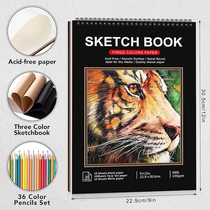 9 x 12In Sketch Book Set for Kids, 100 GSM Spiral Sketch Drawing Pad