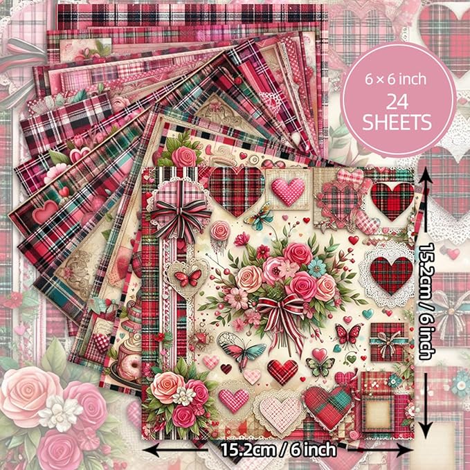 Vintage Valentine Scrapbook Paper Pad - 24 Sheets 6in Pink Love Hearts Patterns Designed Decoupage Supplies for Journals Folded Cardstock DIY Crafts Origami Gift Wrapping Material