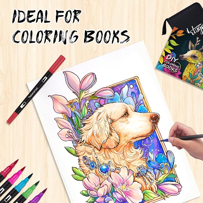72 Colors Dual Watercolor Markers Pens for Adult Coloring Books with Bag | Art Marker Set with Fine & Brush Tip Pen for Bullet Journaling, Coloring, Drawing, Hand Lettering, Calligraphy, Art Supplies
