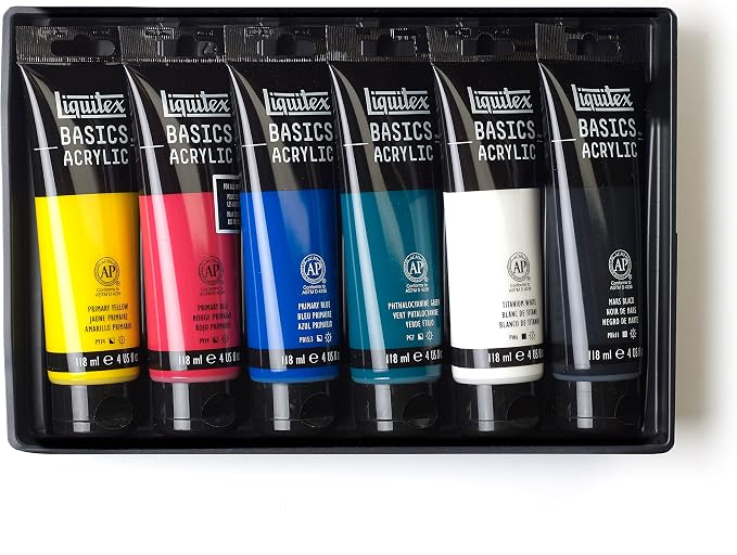 Liquitex BASICS Acrylic Paint Set, 6 x 118ml (4-oz) Tube Paint Set | Medium Viscosity, Satin Finish, Lightfast, Fine Art Pigments, Range of Opacities, Easy Blending