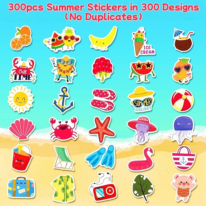 300Pcs Summer Stickers for Kids, Hawaiian Beach Stickers, Tropical Stickers