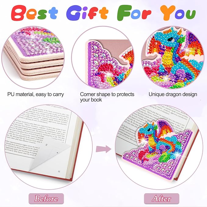 WIVICO 4Pcs Diamond Painting Bookmarks, Diamond Pearl Art Kits for Adults | DIY Diamond Dots Paint By Numbers Kit,Gifts for Book Lovers(Dragon)
