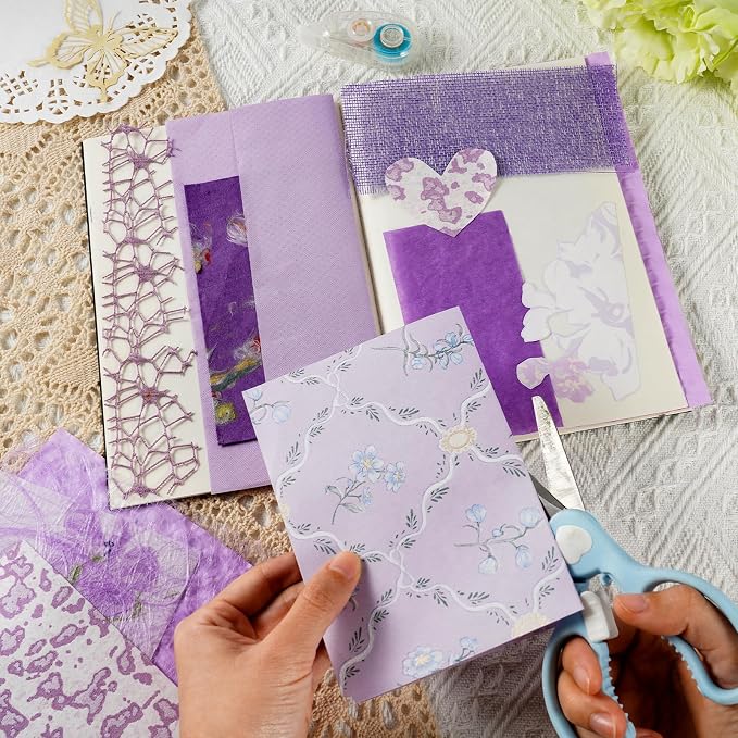 50 Sheets Unique Handmade Textured Scrapbook Paper & Mesh Fabric Set - Junk Journal Supplies Craft Paper for Scrapbooking Journaling Supplies for Junk Journal Retro Crafts（Purple）
