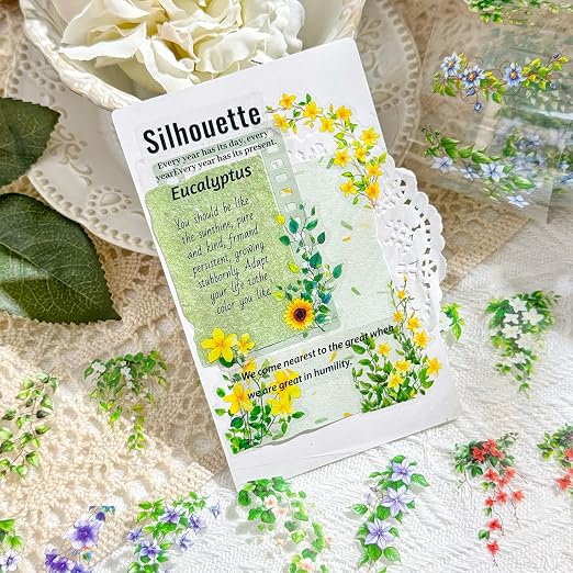 Deep Lane in Bloom PET Pre-Cut Floral Tape Set - 6 Rolls Transparent Garden Sticker Strips + 1 Clip for Scrapbook Journals Junk Journal Collage DIY Décor