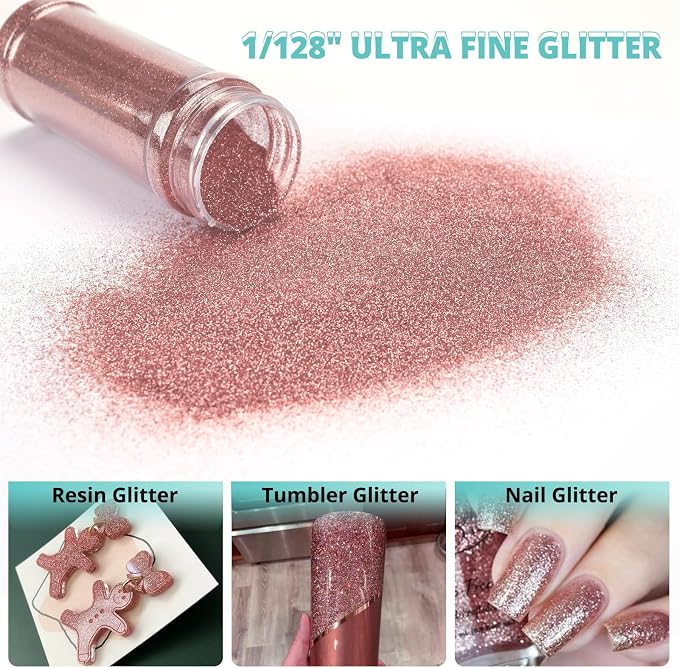 HTVRONT Rose Gold Glitter for Crafts and Arts- 1.7oz/50g Fine Glitter Dust | Craft Glitter for Resin, Jewelry, Keychains, Candle Making, Paint, Slime Add Ins, Cosmetic Glitter for Nail Face