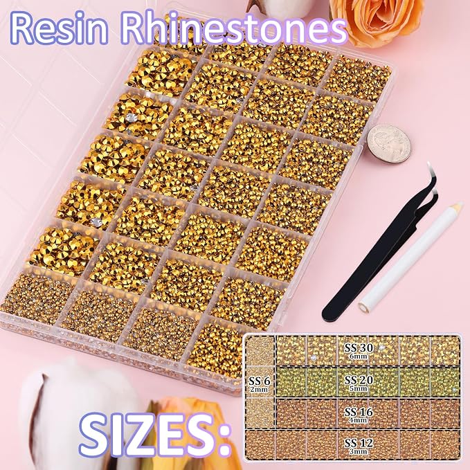 30000Pcs Resin Rhinestones for Bedazzling with Tweezers, Mine Gold Rhinestones for Crafting with 3Pcs 10ml B7000 Jewelry Glue for DIY Crafts Clothing Tumblers Shoes Fabric Nail Art