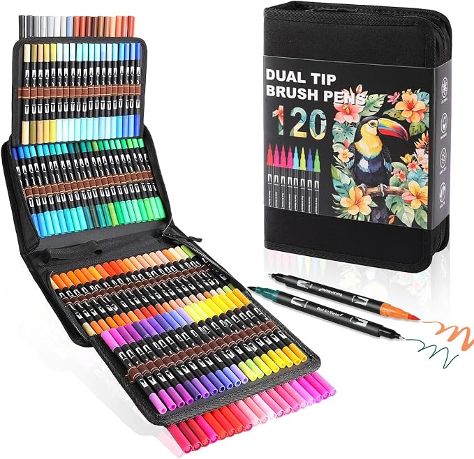 120 Colors Dual Tip Watercolor Markers Pens for School Supplies-Brush&Fine | Coloring Markers No Bleeding for Adult Coloring Books Calligraphy Card Making Sketching Journaling Note Taking Planner Travel