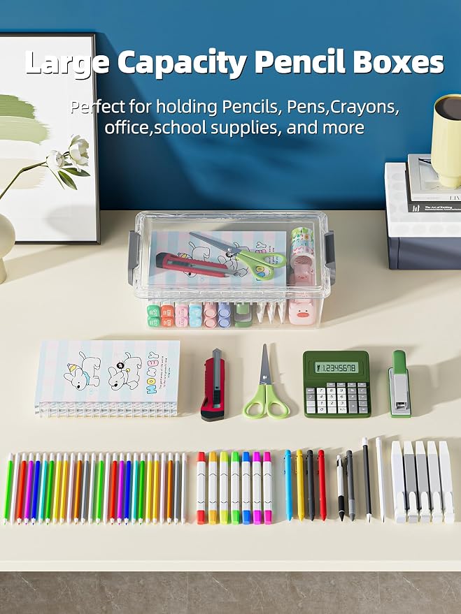 BiuLeon 4 Pack Extra Large Pencil Box, Plastic Pencil Case Organizer, Clear Crayon Box Marker Organizer, Stackable Craft Organizers and Storage for Pen, Craft, Art Supply(Green/Blue/Pink/Black)