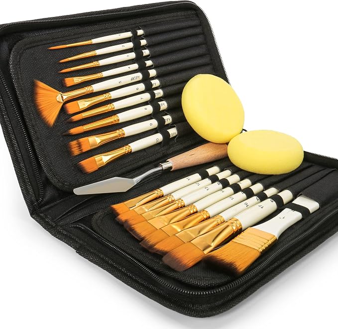 21 Piece Paint Brush Set, ARTIFY 18 Acrylic Paint Brushes, Palette Knife, and 2 Sponges, Professional Artist Paint Brushes for Acrylics, Watercolors, Gouache, Canvas, and Face Painting, Yellow