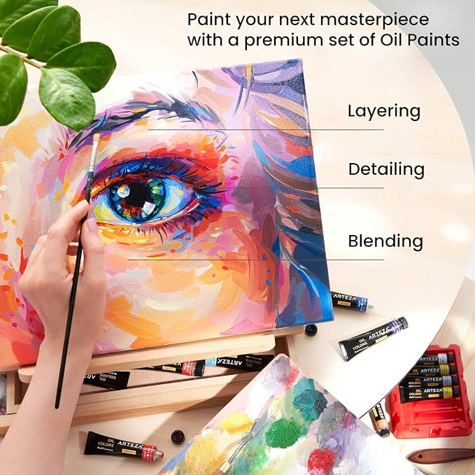 ARTEZA Oil Paint Set – 24 Multicolor Tubes (0.4 Fluid Ounces Each), Vibrant Oil-Based Paints for Canvas & Art Projects