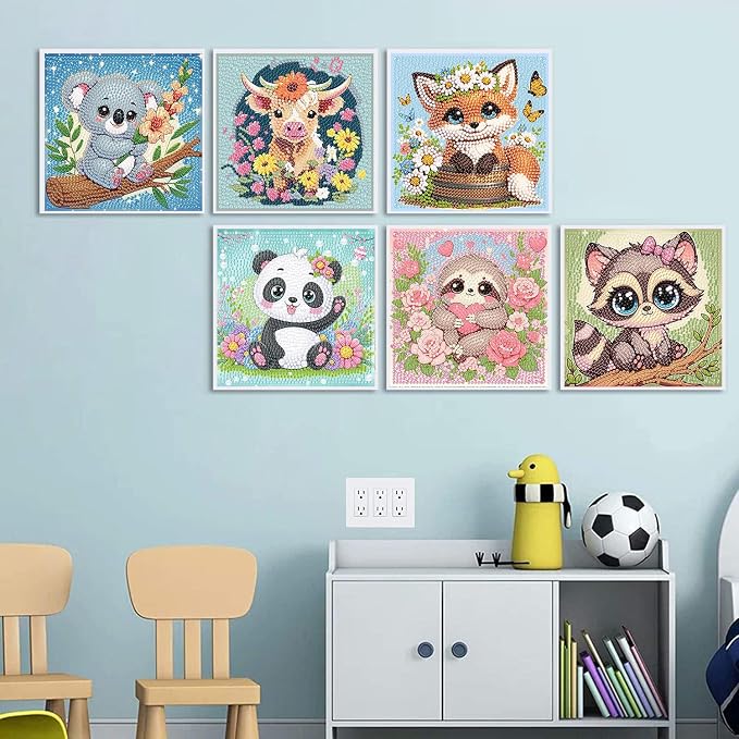ajepon 6 Pack Animal Diamond Art Kits for Kids, Cute Animals Diamond Art for Kids Ages 8-12, Koala Panda Sloth Raccoon Fox Cow Diamond Painting Kits for Kid for Gift Home Wall Decor (6x6inch)