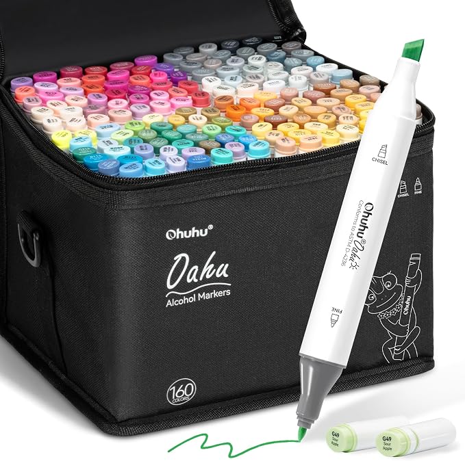 Ohuhu Alcohol Markers - 160-color AP Certificated Double Tipped Art Marker Set for Artist Adults Cozy Coloring Sketch Illustration - Chisel and Fine Dual Tips - Oahu of Ohuhu Markers - Refillable | AP Certified Art Marker, Dual Tips Alcohol-based for A...