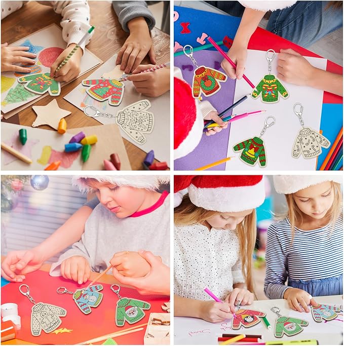 Trnayi 36 Pcs Christmas Ugly Sweater Wood Keychain DIY Craft | Christmas Ugly Sweater Wooden Keychain, Color Your Own Unfinished Craft, Blank Wood Painting DIY Craft, Holiday Art Project