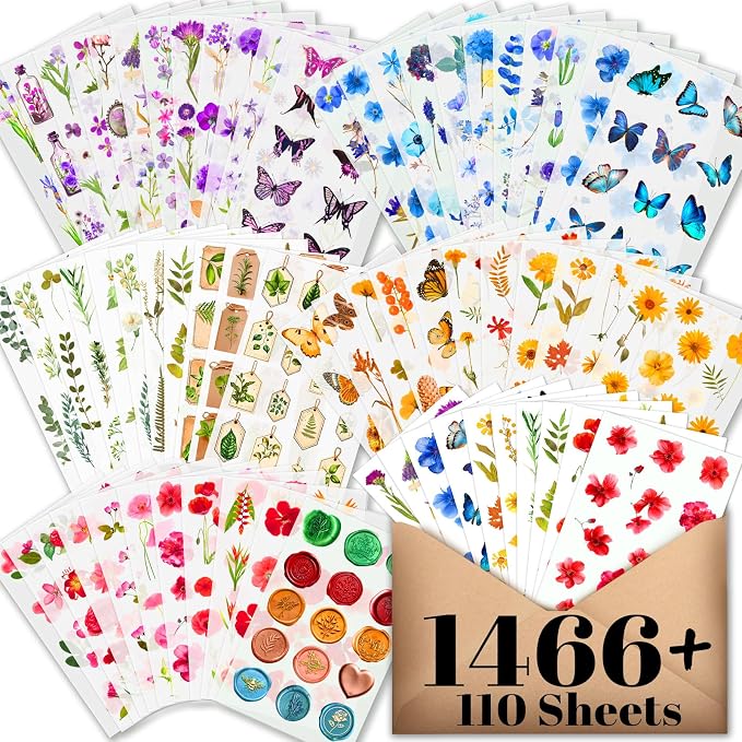 Arme Scrapbook Flower Stickers Floral Stickers(1466+PCS, 110 Sheets)