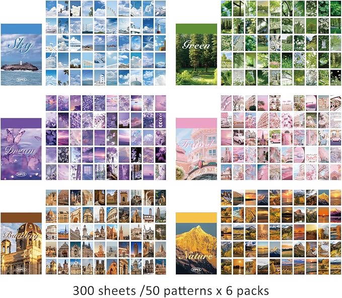 6 Sets 300 Pcs Washi Stickers Set Vintage Aesthetic Sticker Book for Journaling, DIY Retro Pattern Paper Sticker Decals for Bullet Journal Scrapbooking Diary Craft Gift Album Notebook for Women Girls