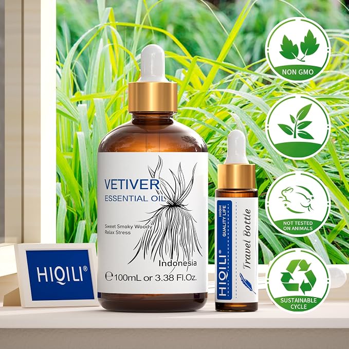HIQILI Vetiver Essential Oil for Skin, Perfume, Aromatherapy