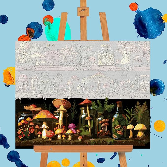 Paint by Numbers Kit for Adults, Mushroom DIY Acrylic Canvas Painting Set | 16x20 Inch, Shelf Number Painting Craft Kit for Adults Beginners, Home Wall Decor, Stress Relief Relaxing Hobby Gift