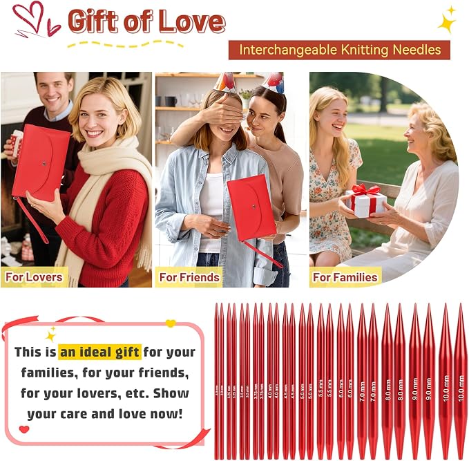 Aeelike 13 Pairs Interchangeable Knitting Needles Set 3-10.0mm, Cherry Red | Aluminum Interchangeable Knitting Needles with 4 Cables, Smooth Complete Needles Set for Socks Blankets Sweaters, Ideal Gift