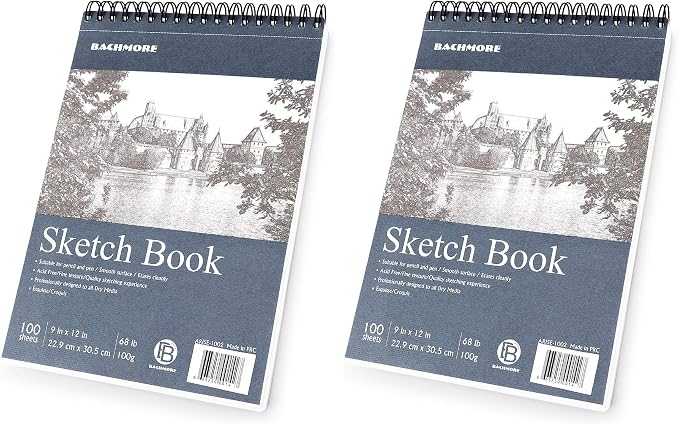 Bachmore Sketchpad 9X12 Inch (68lb/100g), 100 Sheets of TOP Spiral Bound Sketch Book for Artist Pro & Amateurs | Marker Art, Colored Pencil, Charcoal for Sketching (Pack of 2)