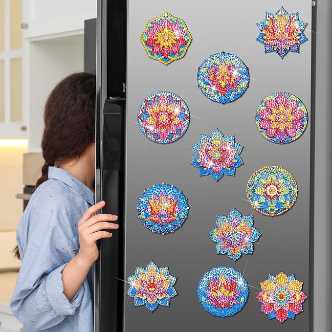 Zonon 12 Pcs Diamond Art Magnets Lotus Mandala Painting Kit Fridge Decor | DIY Diamond Painting Magnetic Stickers, Arts Crafts Kit for Adults, Refrigerator Home Decoration, Colorful Mandala