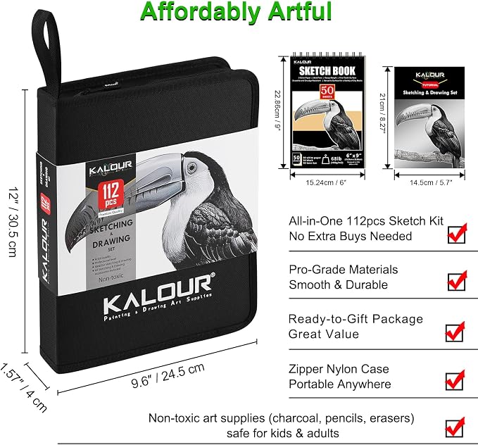 KALOUR PDAS 112 Drawing Set Sketch Kit, Pro Art Supplies with 3-Color Sketchbook, Graphite, Charcoal Pencils, Art Drawing Kit for Artists Adults Teens Beginners, Ideal for Shading & Blending