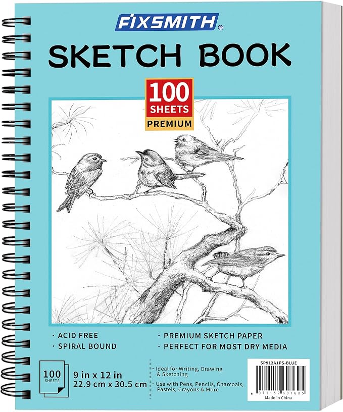 FIXSMITH 9"X12" Sketch Book, 100 Sheets, 68 lb/100gsm Sketchbook, Blue | Acid Free Drawing Paper | Spiral Bound Artist Sketch Pad | for Kids, Beginners, Artists & Professionals | Bright White