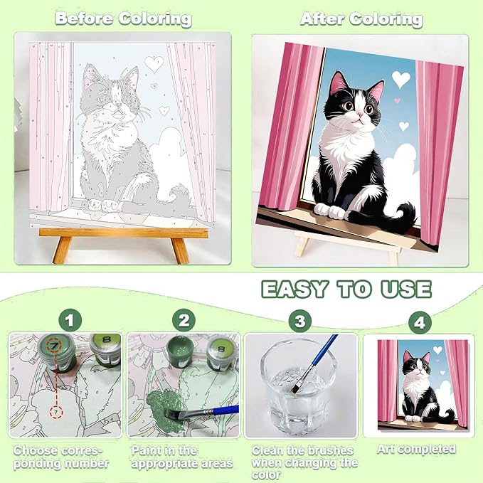 Cat Paint by Numbers Kit for Kids with Frame - Cute Cat Paint by Number for Kids, Cats Kid Painting by Number Kits Age 6-8 for Home Wall Decor 8X8inch (with Wooden Easel)