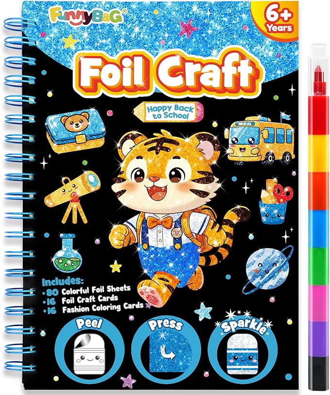 FUNNYB&G Foil Art Craft Kit for Kids, Sparkly Birthday Gift Toy for Boys | No Mess, Kids Ages 4-10 Create Sparkling Artwork, A Creative Gift for Birthdays, Holidays, Travel Activities,Screen-Free Fun