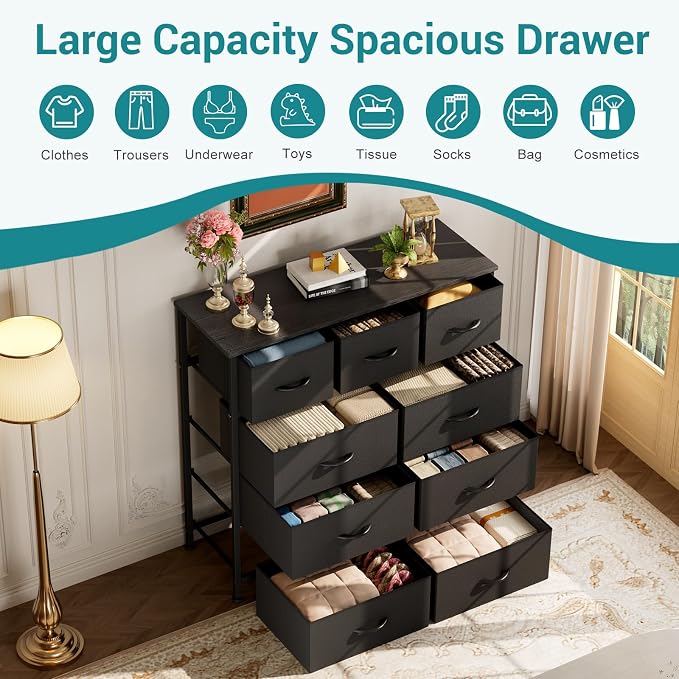 OLIXIS 9 Drawer Black Dresser for Bedroom, Closet Organizer Storage Tower