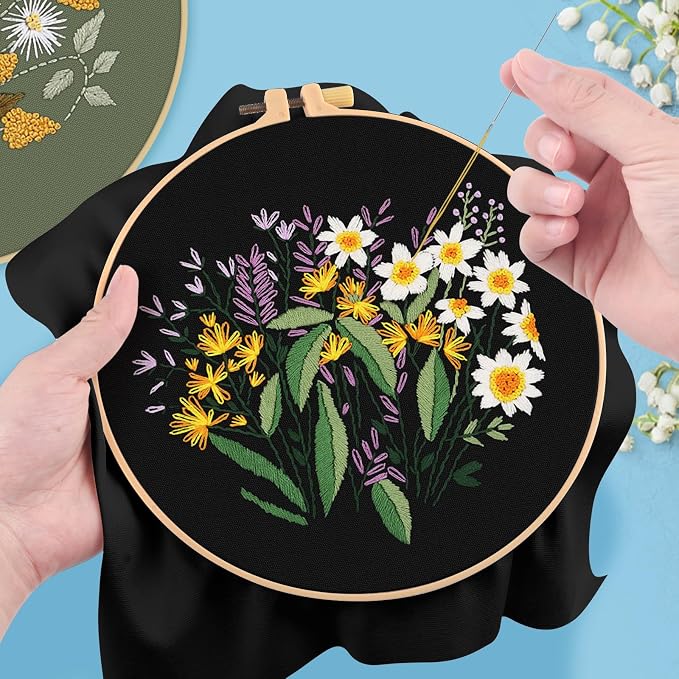 ERKOON 3 Sets Embroidery Kit, Floral Cross Stitch Set for Include Embroidery Cloth Hoops Threads for Craft Lover Hand Stitch (Plants & Flowers)