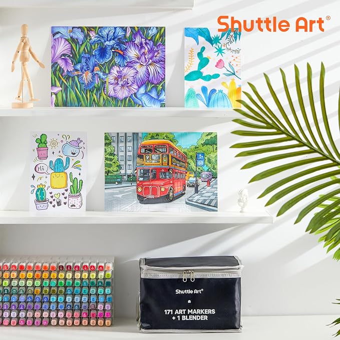 Shuttle Art 172 Colors Dual Tip Alcohol Based Art Markers,171 Colors plus 1 Blender Permanent Marker 1 Marker Pad with Case Perfect for Kids Adult Coloring Books Sketching and Card Making