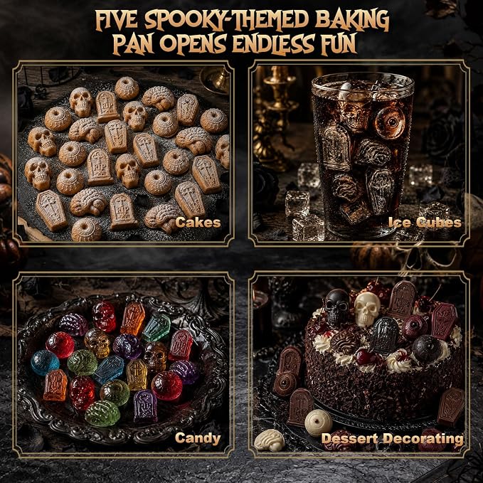 HKNMTT Skull Candy Chocolate Cake Pan 5-Shapes Halloween Silicone Mold | Skull Eyeball Tombstone Coffin Brain Mold 25-Cavity for Candy Gummy Chololate Jello Ice Cubes Muffin Non-Stick Food Grade