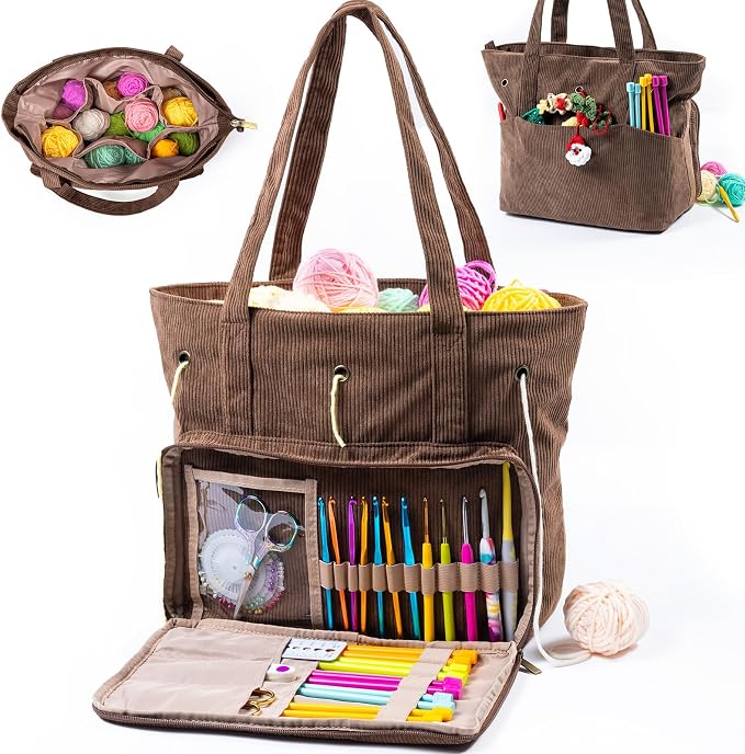 MYBAGZING Large Yarn Tote Organizer – Corduroy Knitting Storage Holder for Yarn, Hooks & Accessories, Portable Craft Carryall for Crocheting Lovers, Mother’s Day Gift
