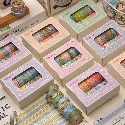 20 Rolls Basic Washi Tape Set Japanese Arts Adhesive Tapes Simple Patterns Decorative Masking Tape Sets for Craft, Kids, Scrapbook, DIY, Gift Wrapping (Style Five)