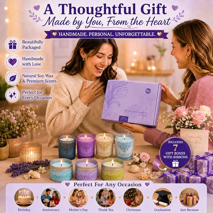RU HANDMADE DIY Candle Making Kit for Adults – Soy Wax Candle Kit for Beginners, Make 7 Full-Size Candles with 7 Gift Boxes, 1120g Wax, 7×10ml Fragrance Oils, 4 Glass 7oz Jars & 3 Tins