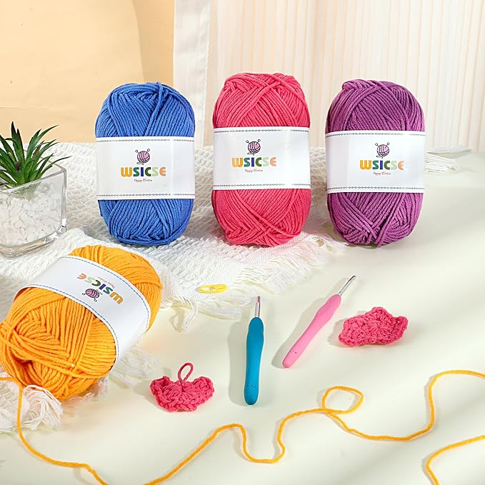 4 Pack Crochet Yarn, 560 Yard Soft Neon Yarn for Hand Knitting Decor Gifts | 60% Cotton, 40% Polyester, 4 x 50G Skeins, for Crochet and Knitting, Soft, Durable, for 3-4 mm Needles, 2-3 mm Crochet Hooks